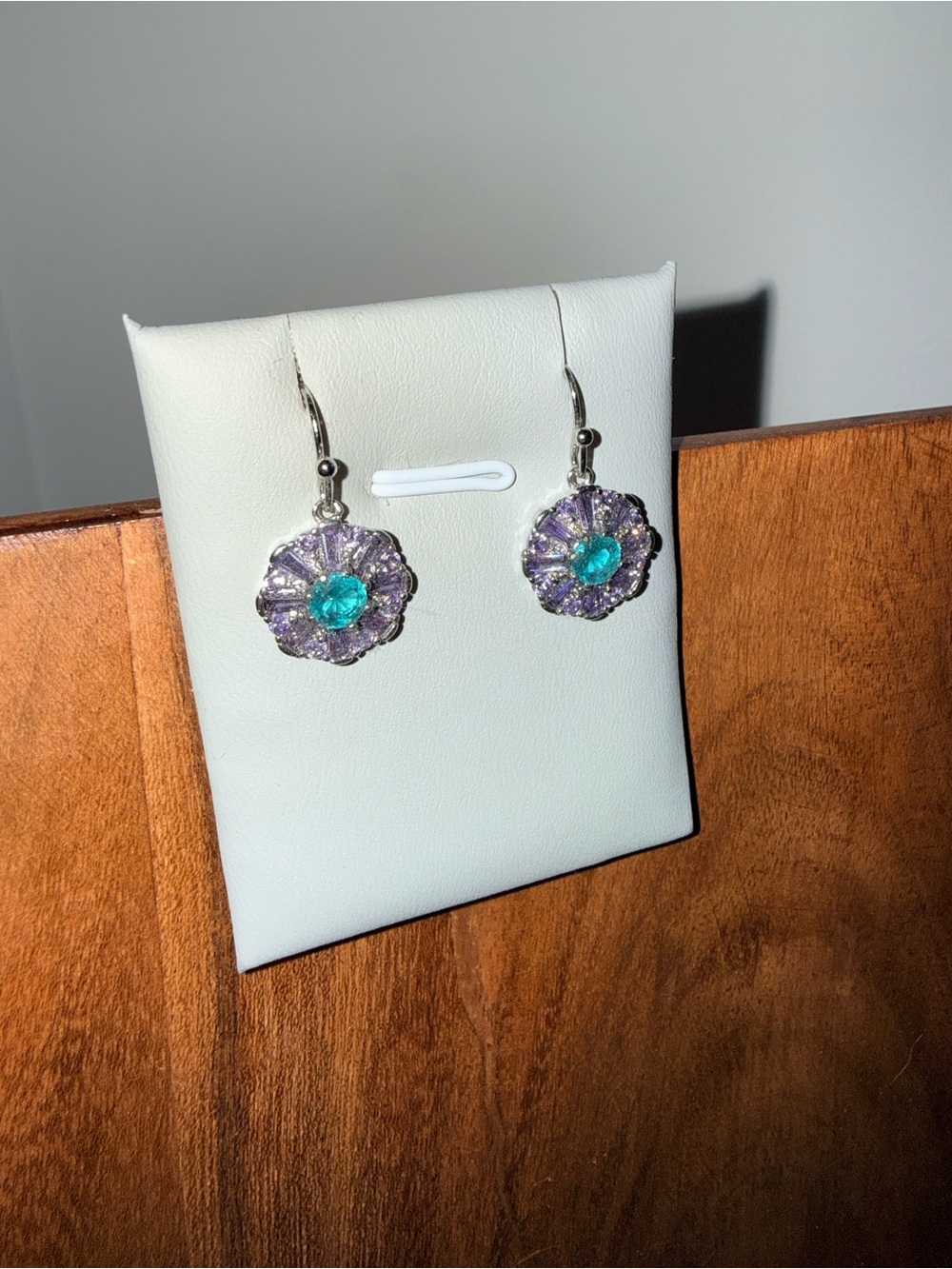 Sterling Silver Purple and Teal Floral Drop Earrings - Picture 2 of 2